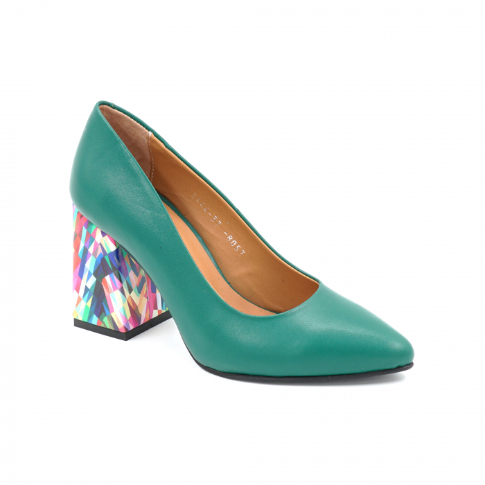 Pantofi dama din piele naturala verde menta si cu imprimeu multicolor cu varf ascutit stileto si  toc mediu gros imbracat 8 cm 8057-6-25 [2]