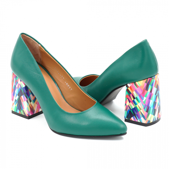Pantofi dama din piele naturala verde menta si cu imprimeu multicolor cu varf ascutit stileto si  toc mediu gros imbracat 8 cm 8057-6-25 [3]