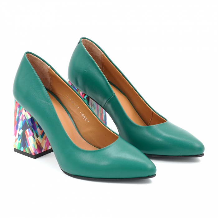 Pantofi dama din piele naturala verde menta si cu imprimeu multicolor cu varf ascutit stileto si  toc mediu gros imbracat 8 cm 8057-6-25 [4]
