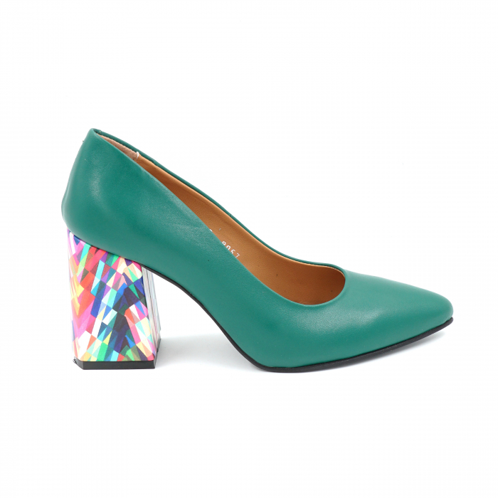 Pantofi dama din piele naturala verde menta si cu imprimeu multicolor cu varf ascutit stileto si  toc mediu gros imbracat 8 cm 8057-6-25 [1]