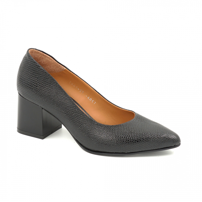 Pantofi dama din piele naturala neagra cu imprimeu cu varf ascutit stileto si  toc mic gros 6 cm  6057-1-25 [2]