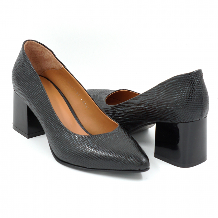 Pantofi dama din piele naturala neagra cu imprimeu cu varf ascutit stileto si  toc mic gros 6 cm  6057-1-25 [4]