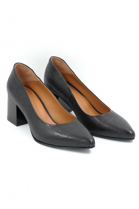 Pantofi dama din piele naturala neagra cu imprimeu cu varf ascutit stileto si  toc mic gros 6 cm  6057-1-25 [3]