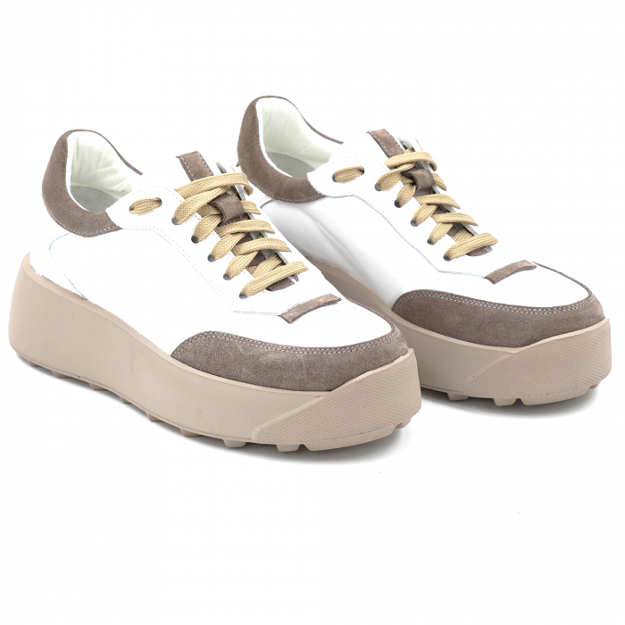 Pantofi dama tip adidas din piele naturala alba si bej cu varf rotund si talpa de 4 cm 52624-1-24 [3]