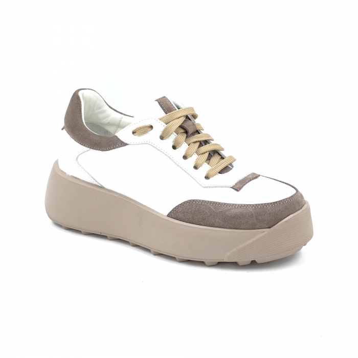 Pantofi dama tip adidas din piele naturala alba si bej cu varf rotund si talpa de 4 cm 52624-1-24 [2]