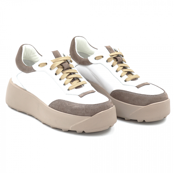 Pantofi dama tip adidas din piele naturala alba si bej cu varf rotund si talpa de 4 cm 52624-1-24 [5]