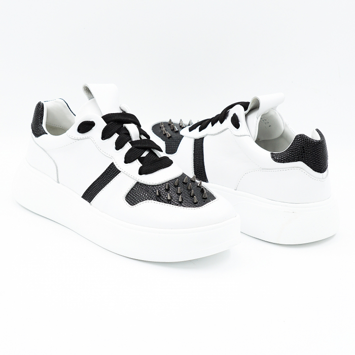 Pantofi dama tip adidas din piele naturala alb si negru cu varf rotund si talpa de 3 cm 64221-25 [4]
