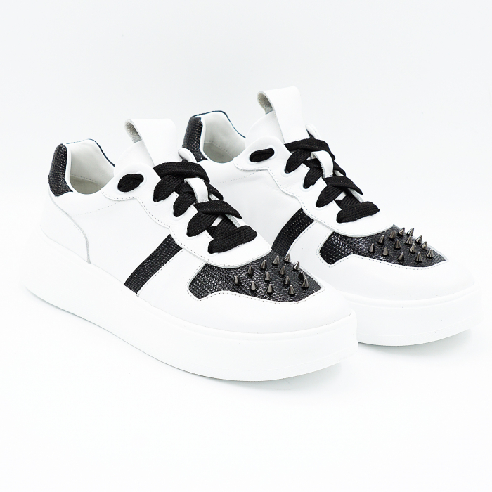 Pantofi dama tip adidas din piele naturala alb si negru cu varf rotund si talpa de 3 cm 64221-25 [3]