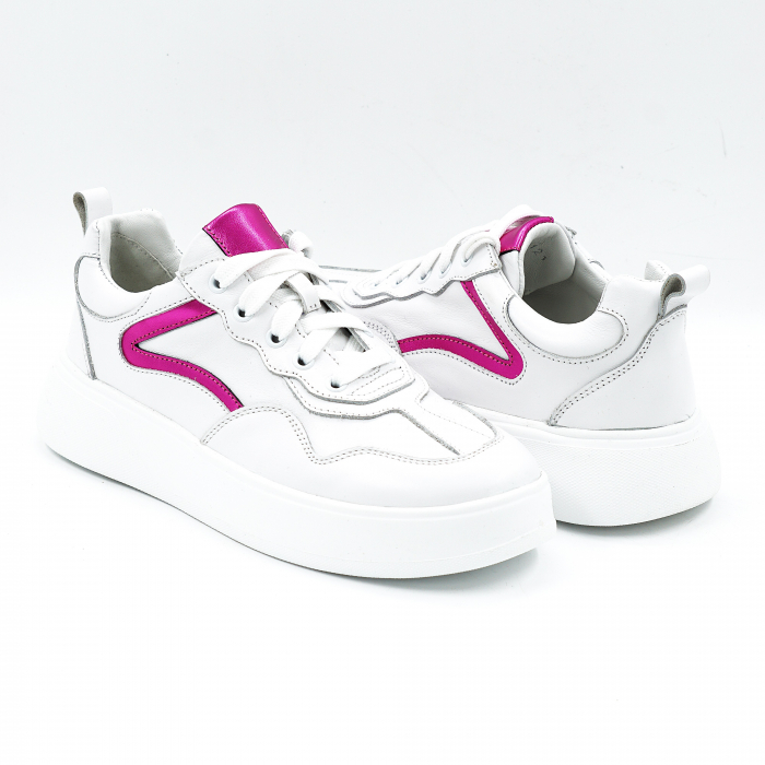 Pantofi dama tip adidas din piele naturala alba si fucsia sidefata cu varf rotund si talpa de 3 cm 52121-1-25 [4]