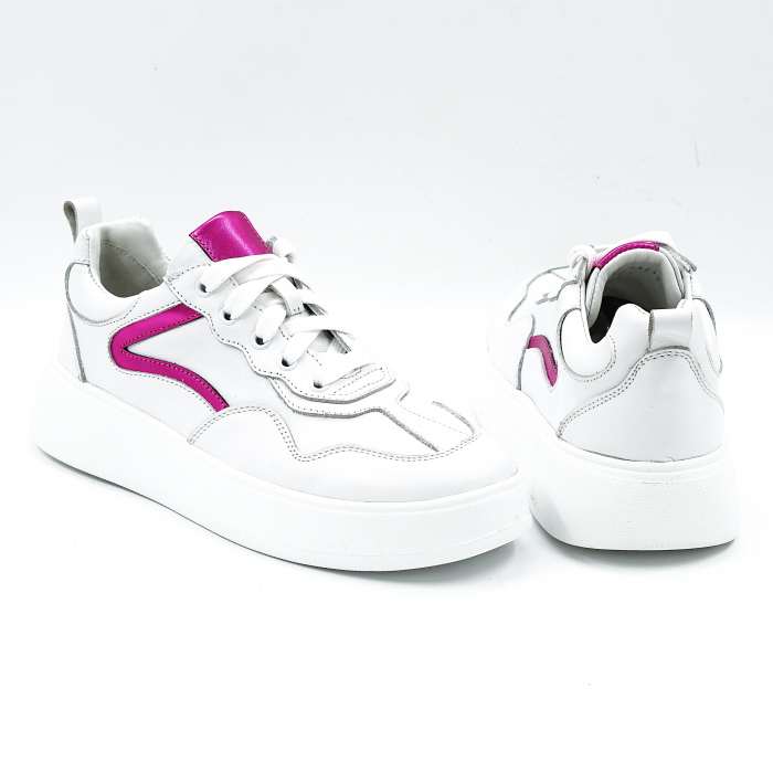 Pantofi dama tip adidas din piele naturala alba si fucsia sidefata cu varf rotund si talpa de 3 cm 52121-1-25 [5]