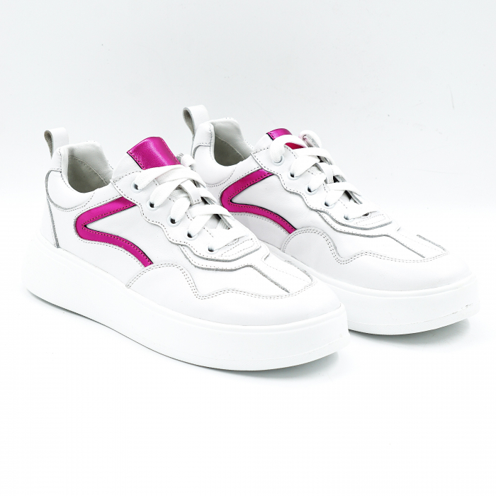Pantofi dama tip adidas din piele naturala alba si fucsia sidefata cu varf rotund si talpa de 3 cm 52121-1-25 [3]