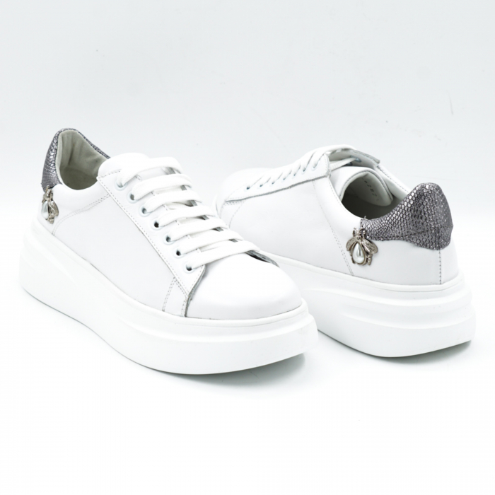 Pantofi dama tip adidas din piele naturala alba si argintie cu imprimeu cu varf rotund si talpa 6 cm 62821-25 [4]