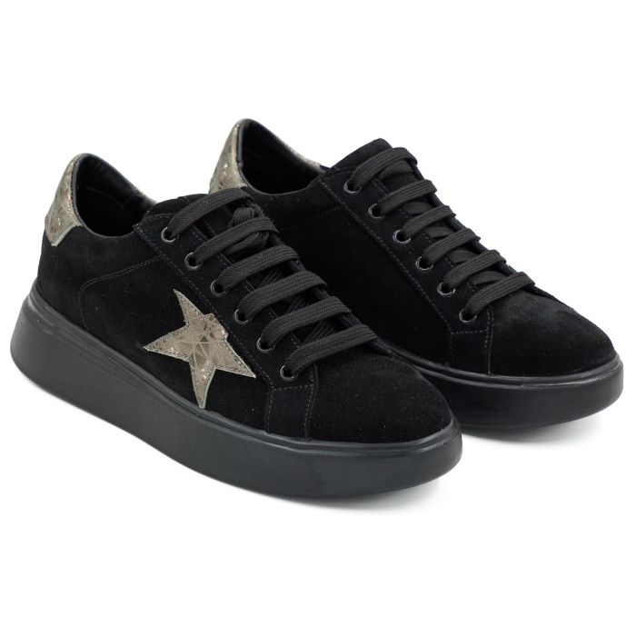 Pantofi dama tip adidas din piele naturala intoarsa neagra si 3D olive cu varf rotund si talpa de 3 cm 54621-26 [3]