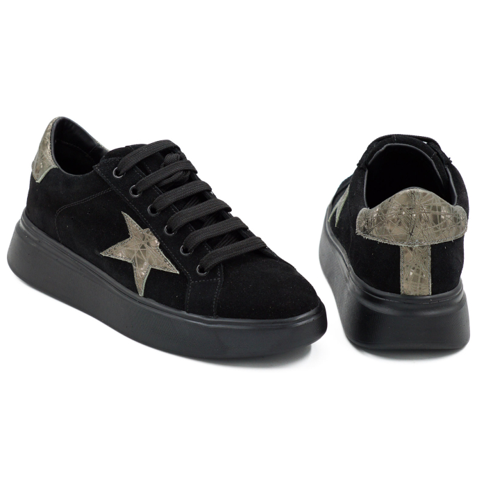 Pantofi dama tip adidas din piele naturala intoarsa neagra si 3D olive cu varf rotund si talpa de 3 cm 54621-26 [5]