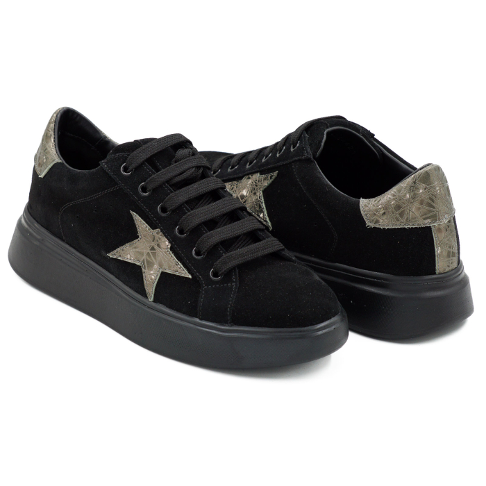 Pantofi dama tip adidas din piele naturala intoarsa neagra si 3D olive cu varf rotund si talpa de 3 cm 54621-26 [4]