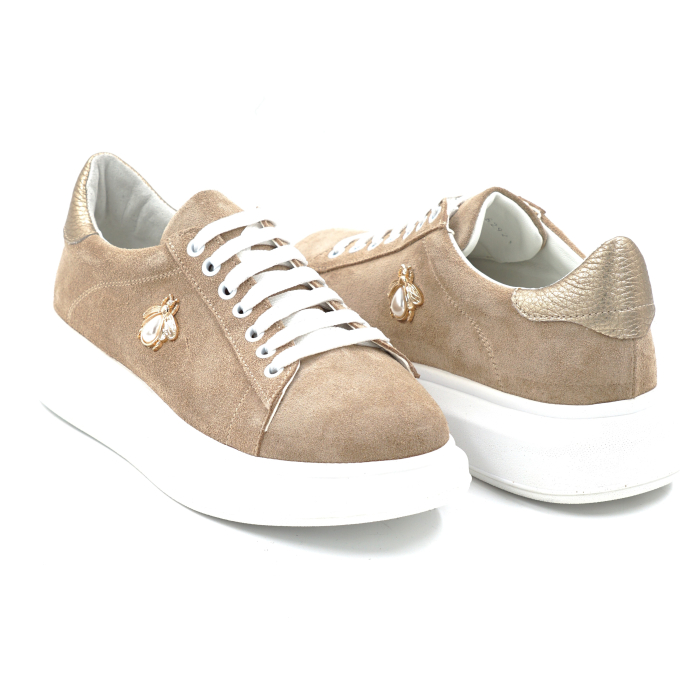 Pantofi dama tip adidas din piele naturala intoarsa bej cappucino cu varf rotund si talpa de 4 cm 63921-24 [4]