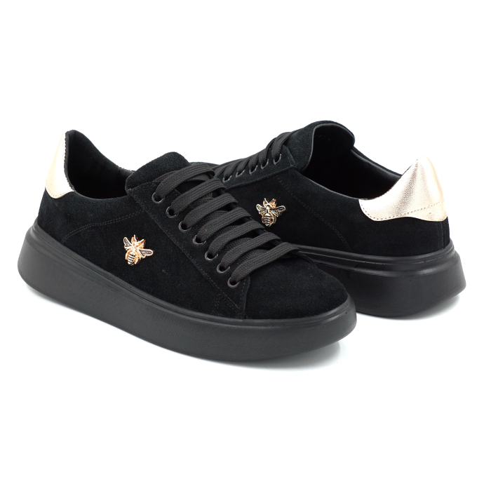 Pantofi dama tip adidas din piele naturala intoarsa neagra si aurie cu varf rotund si talpa de 3 cm 62921-25 [4]