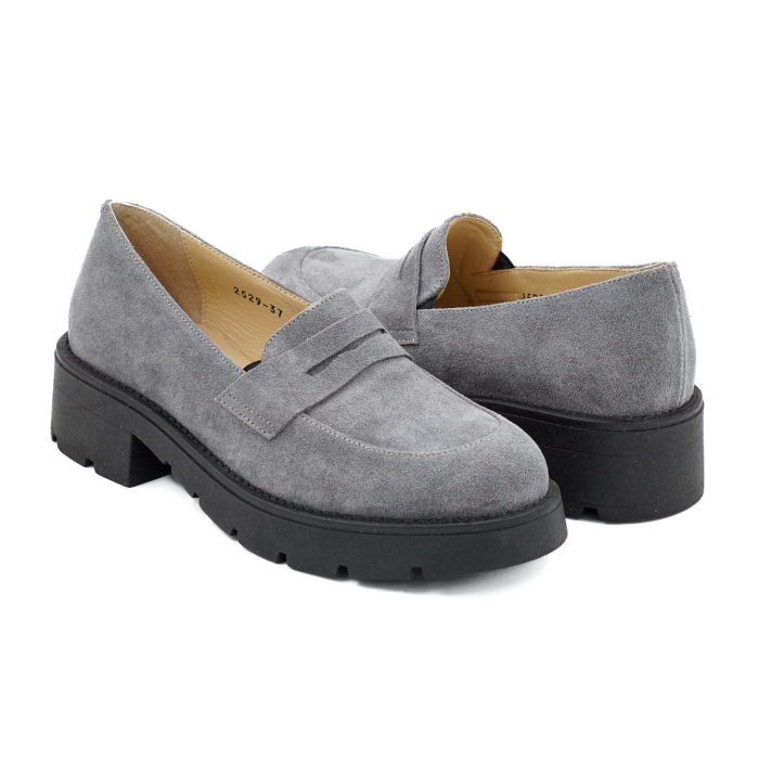 Pantofi dama tip loafers din piele naturala intoarsa gri, cu varf rotund si talpa 3 cm 60320-26 [4]