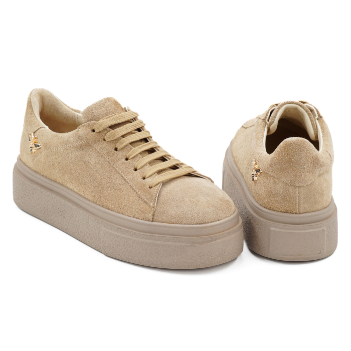 Pantofi dama tip adidas din piele naturala intoarsa bej cappucino , cu varf rotund si talpa de 3 cm 63821-26 [5]