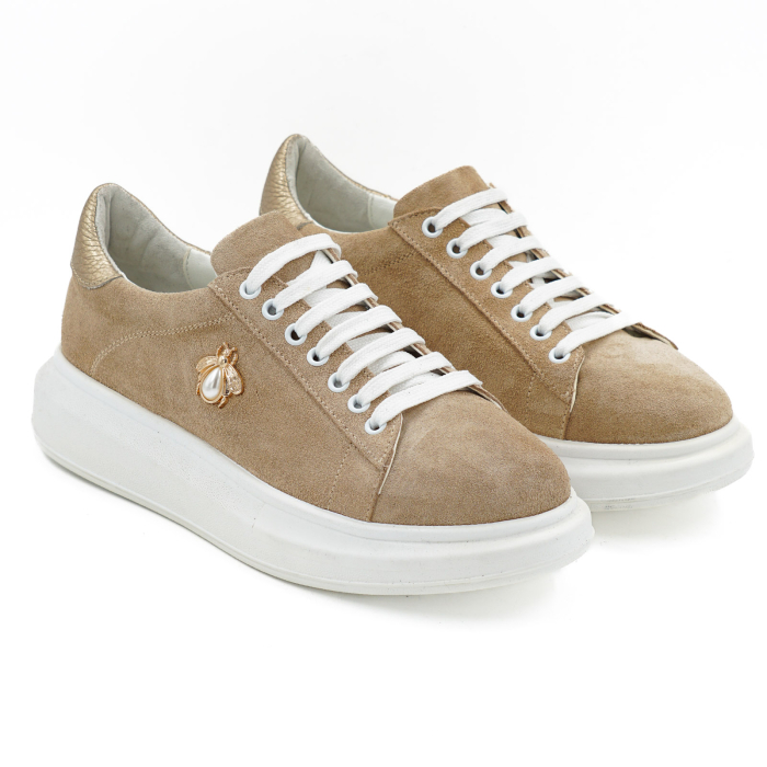 Pantofi dama tip adidas din piele naturala intoarsa bej cappucino si aurie, cu varf rotund si talpa de 3 cm 62921-26 [3]
