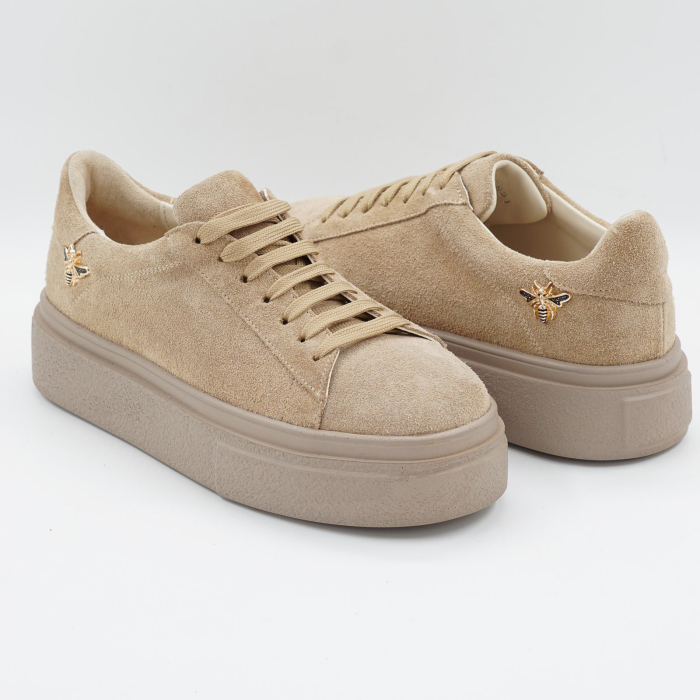 Pantofi dama tip adidas din piele naturala intoarsa bej cappucino , cu varf rotund si talpa de 3 cm 63821-26 [4]