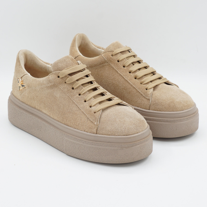 Pantofi dama tip adidas din piele naturala intoarsa bej cappucino , cu varf rotund si talpa de 3 cm 63821-26 [3]
