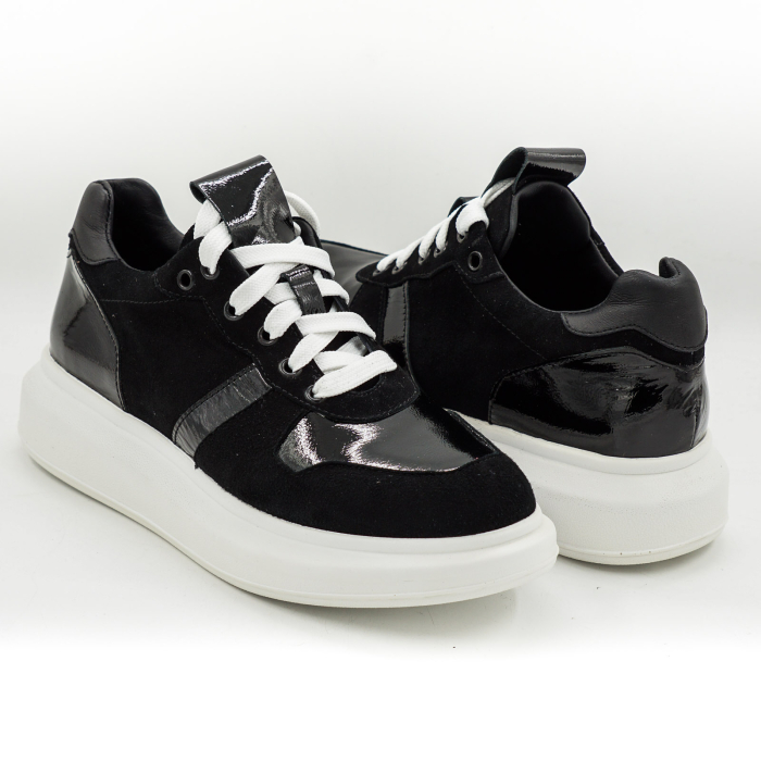 Pantofi dama tip adidas din piele naturala intoarsa si lacuita neagra, cu varf rotund si talpa 3 cm  52321-26 [4]