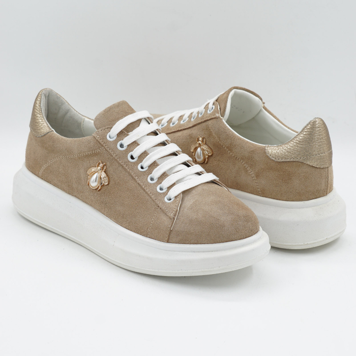 Pantofi dama tip adidas din piele naturala intoarsa bej cappucino si aurie, cu varf rotund si talpa de 3 cm 62921-26 [4]