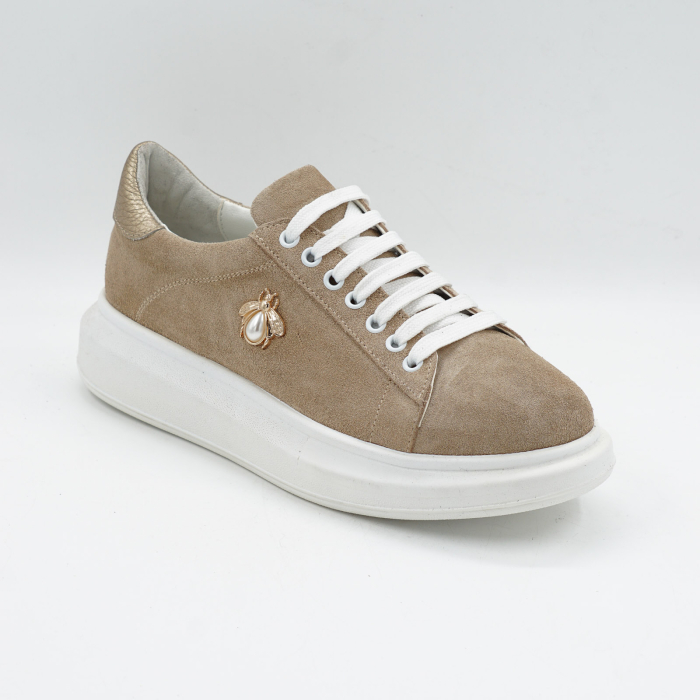 Pantofi dama tip adidas din piele naturala intoarsa bej cappucino si aurie, cu varf rotund si talpa de 3 cm 62921-26 [2]
