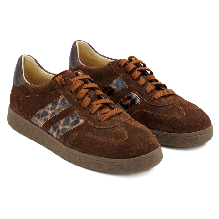 Pantofi dama tip adidas din piele naturala intoarsa maro ciocolata si cu imprimeu leopard, cu varf rotund si talpa de 2 cm 50326-6-26 [3]