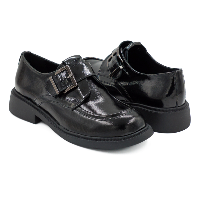 Pantofi dama casual din piele naturala lacuita neagra varf rotund si talpa de 3 cm 50626-26 [4]