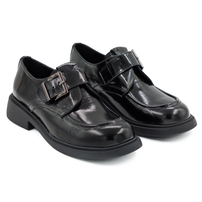 Pantofi dama casual din piele naturala lacuita neagra varf rotund si talpa de 3 cm 50626-26 [3]