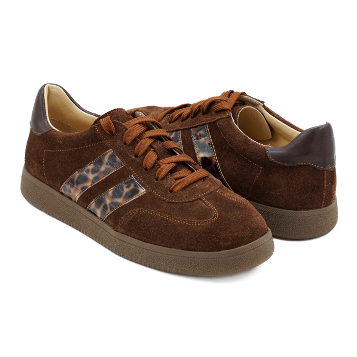 Pantofi dama tip adidas din piele naturala intoarsa maro ciocolata si cu imprimeu leopard, cu varf rotund si talpa de 2 cm 50326-6-26 [4]