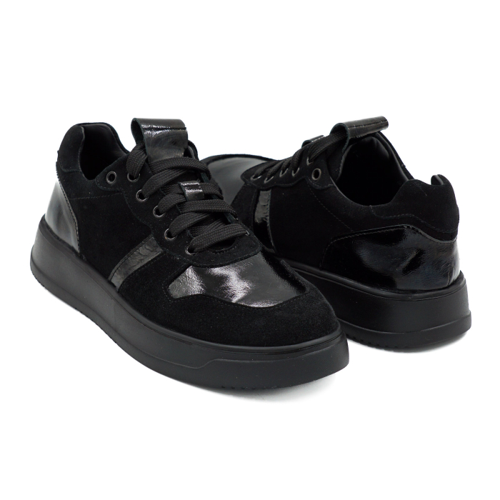 Pantofi dama tip adidas din piele naturala intoarsa si lacuita neagra, cu varf rotund si talpa 3 cm  52321-1-26 [4]