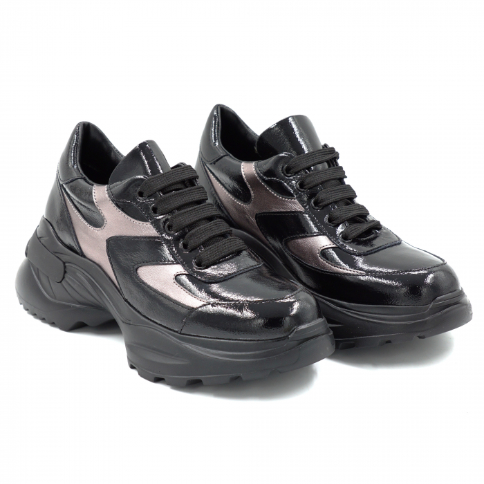 Pantofi dama tip adidas din piele naturala lacuita neagra si bronz cu varf rotund si talpa 5 cm 52521-25 [3]