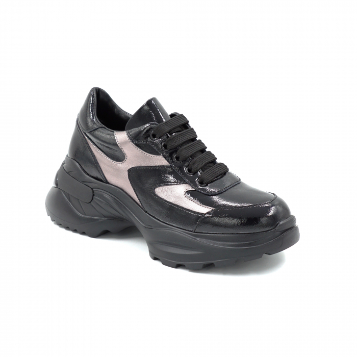 Pantofi dama tip adidas din piele naturala lacuita neagra si bronz cu varf rotund si talpa 5 cm 52521-25 [2]