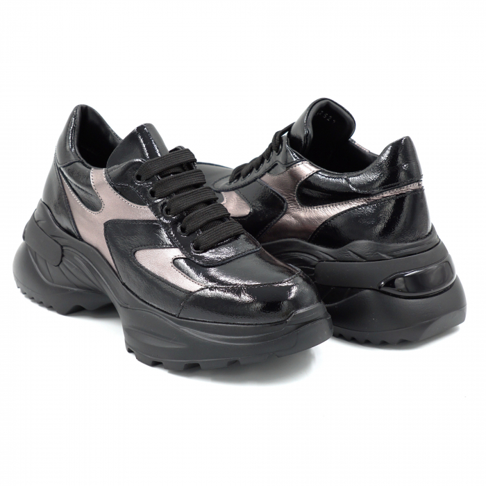 Pantofi dama tip adidas din piele naturala lacuita neagra si bronz cu varf rotund si talpa 5 cm 52521-25 [4]