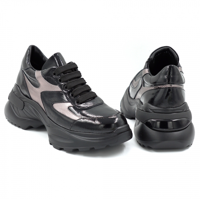 Pantofi dama tip adidas din piele naturala lacuita neagra si bronz cu varf rotund si talpa 5 cm 52521-25 [5]