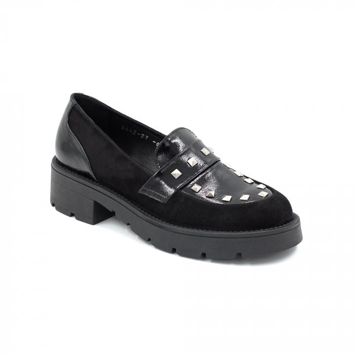 Pantofi dama casual loafers din piele naturala lacuita si intoarsa neagra cu tinte metalice, cu varf rotund si talpa 3 cm 60220-25 [2]