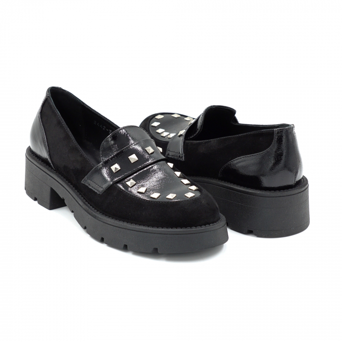 Pantofi dama casual loafers din piele naturala lacuita si intoarsa neagra cu tinte metalice, cu varf rotund si talpa 3 cm 60220-25 [4]