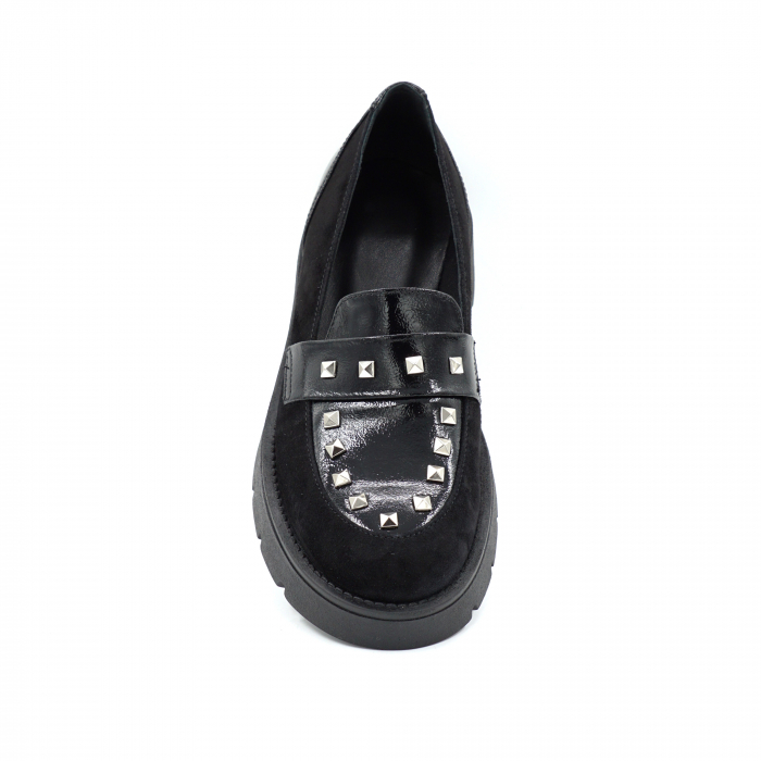 Pantofi dama casual loafers din piele naturala lacuita si intoarsa neagra cu tinte metalice, cu varf rotund si talpa 3 cm 60220-25 [5]