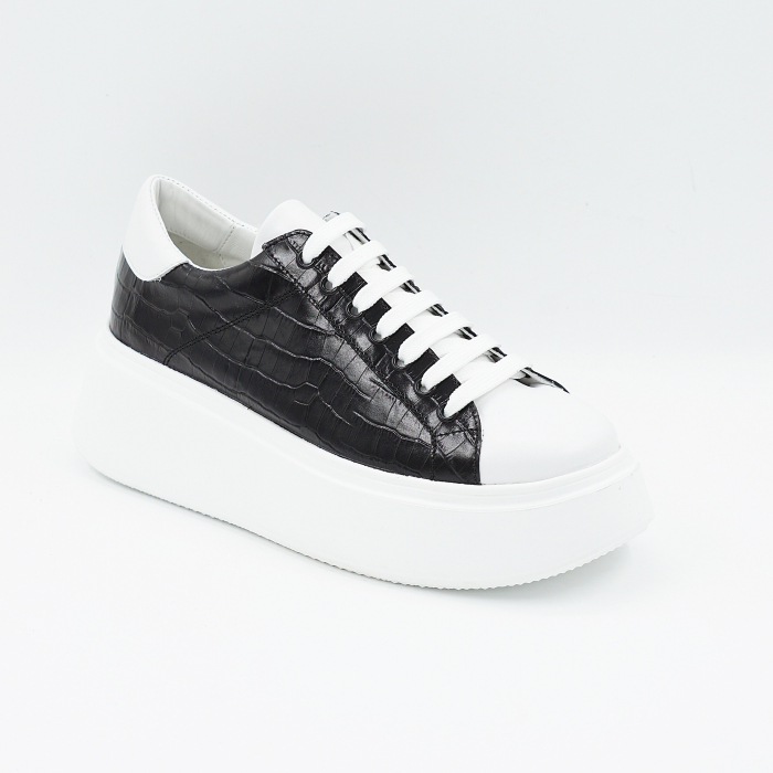 Pantofi dama tip adidas din piele naturala alba si neagra cu imprimeu croco cu varf rotund si talpa de 4 cm 64421-25 [2]