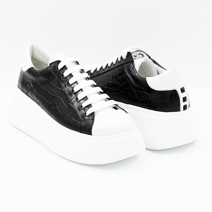 Pantofi dama tip adidas din piele naturala alba si neagra cu imprimeu croco cu varf rotund si talpa de 4 cm 64421-25 [4]