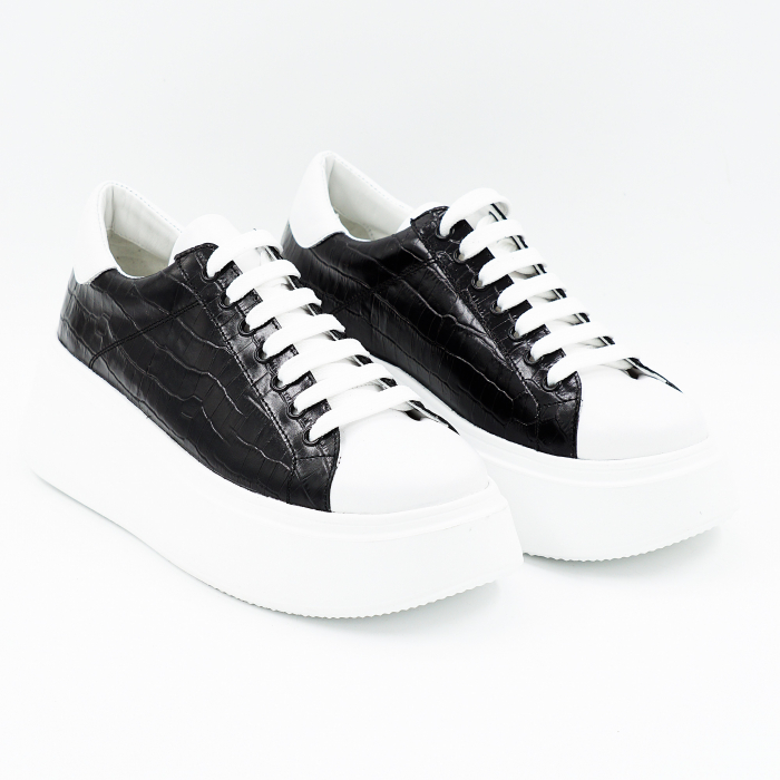 Pantofi dama tip adidas din piele naturala alba si neagra cu imprimeu croco cu varf rotund si talpa de 4 cm 64421-25 [3]