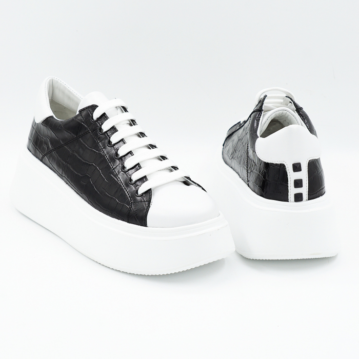 Pantofi dama tip adidas din piele naturala alba si neagra cu imprimeu croco cu varf rotund si talpa de 4 cm 64421-25 [5]