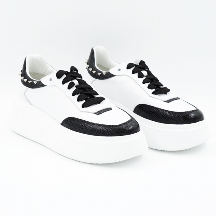 Pantofi dama tip adidas din piele naturala alba si neagra cu tinte metalice, varf rotund si talpa de 4 cm 53224-25 [3]