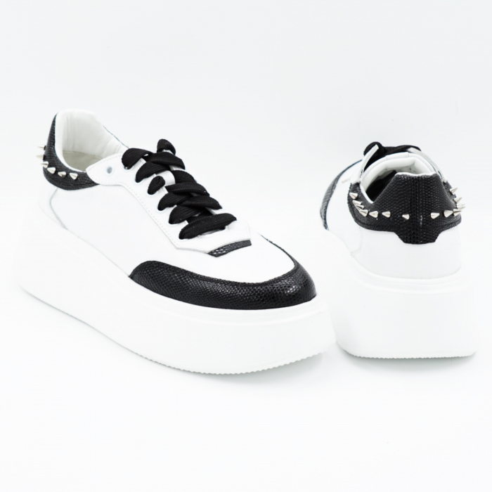 Pantofi dama tip adidas din piele naturala alba si neagra cu tinte metalice, varf rotund si talpa de 4 cm 53224-25 [5]