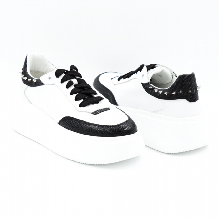 Pantofi dama tip adidas din piele naturala alba si neagra cu tinte metalice, varf rotund si talpa de 4 cm 53224-25 [4]