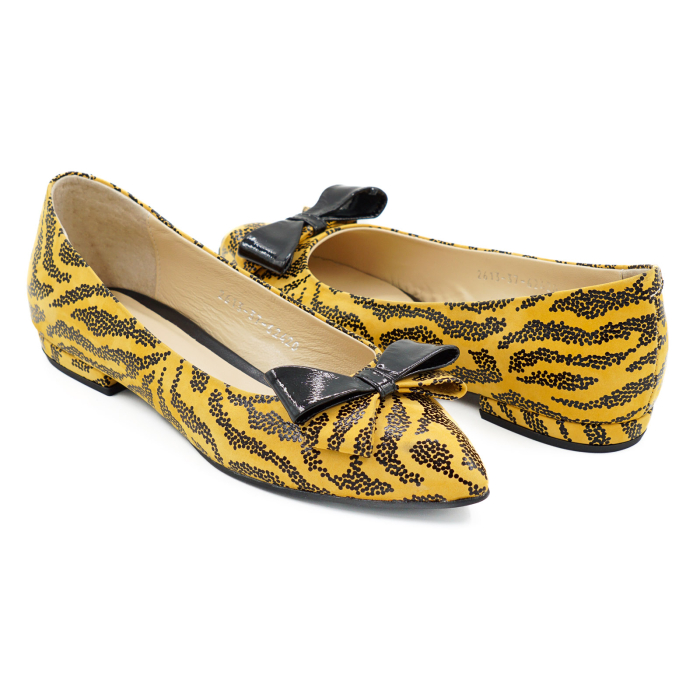 Pantofi dama tip balerini din piele naturala galben mustar cu imprimeu negru, cu varf ascutit stiletto si toc mic imbracat de 1 cm 62420-1-26 [3]