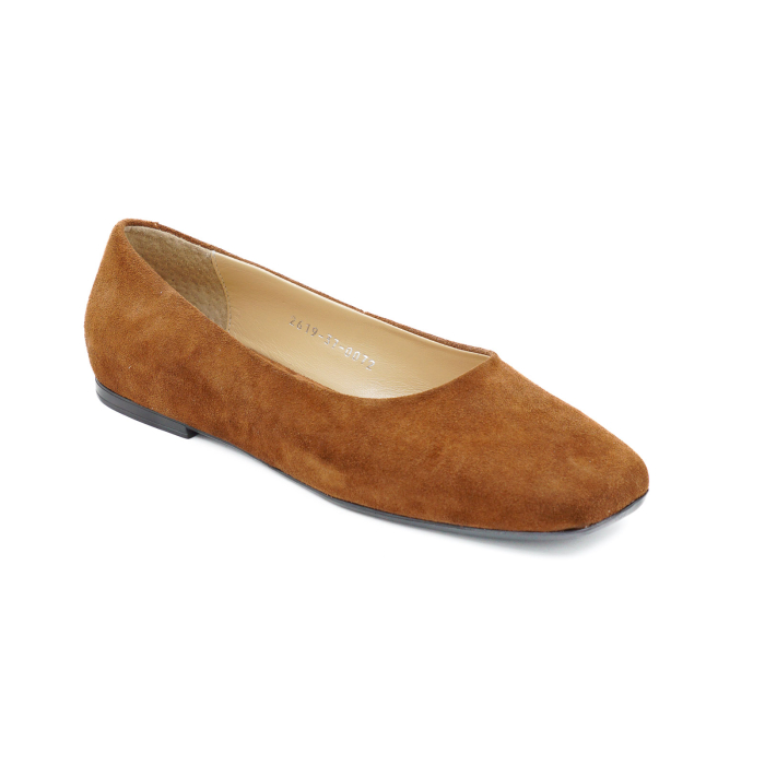 Pantofi dama tip balerini din piele naturala intoarsa maro coniac cu varf patrat si talpa de 1 cm 0072-26 [2]